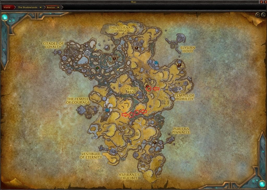 The Map Location of the Caves in Bastion Gold-Farming Spot in WoW Shadowlands,WoW skinning guide