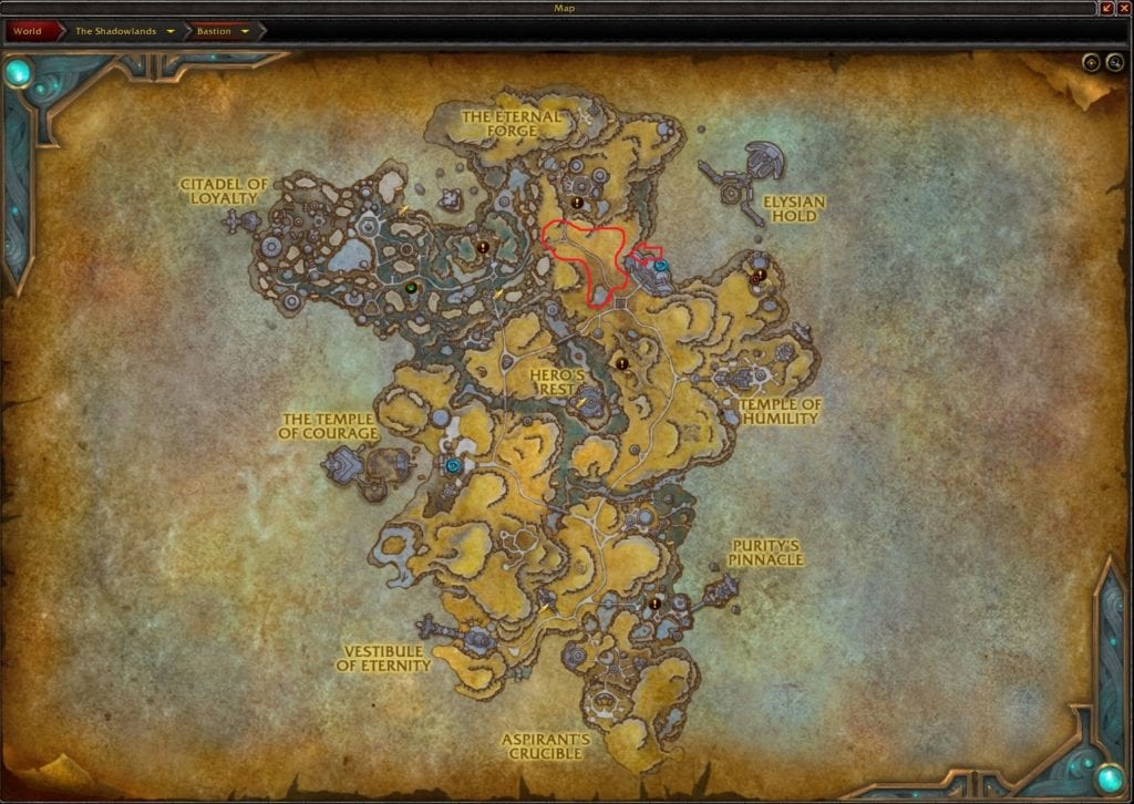 The Map Location of the Northern Parts of Bastion WoW Gold Farming Spot in Shadowlands 