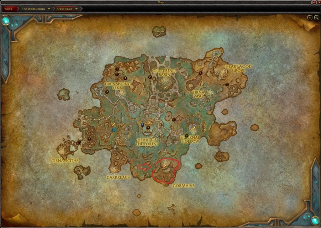 The Map Location of the Gormhive in Ardenweald Gold-Farming Spot in WoW Shadowlands