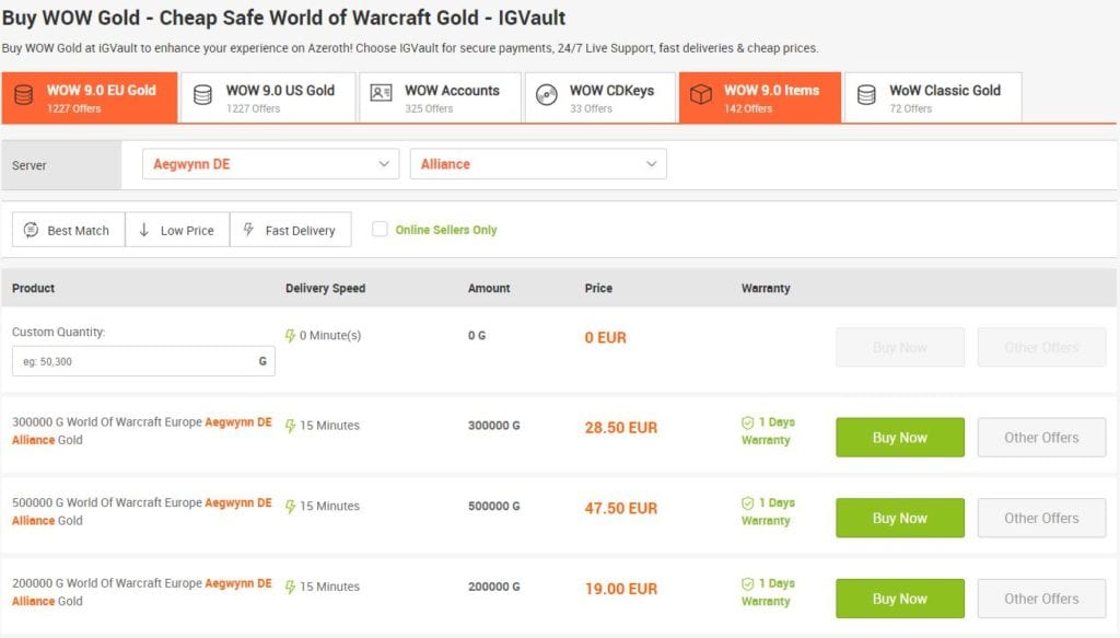 Buying gold in WoW on igvault.com - Website Interface.