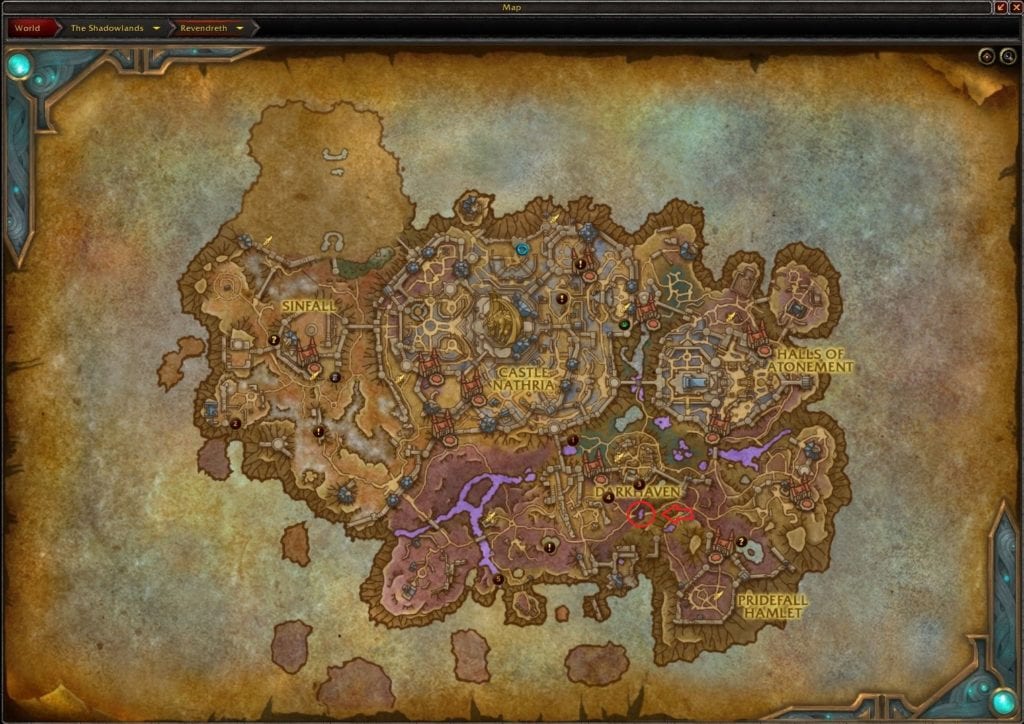 The Map Location of the Pond Below Darkhaven in Revendreth Gold-Farming Spot in WoW Shadowlands