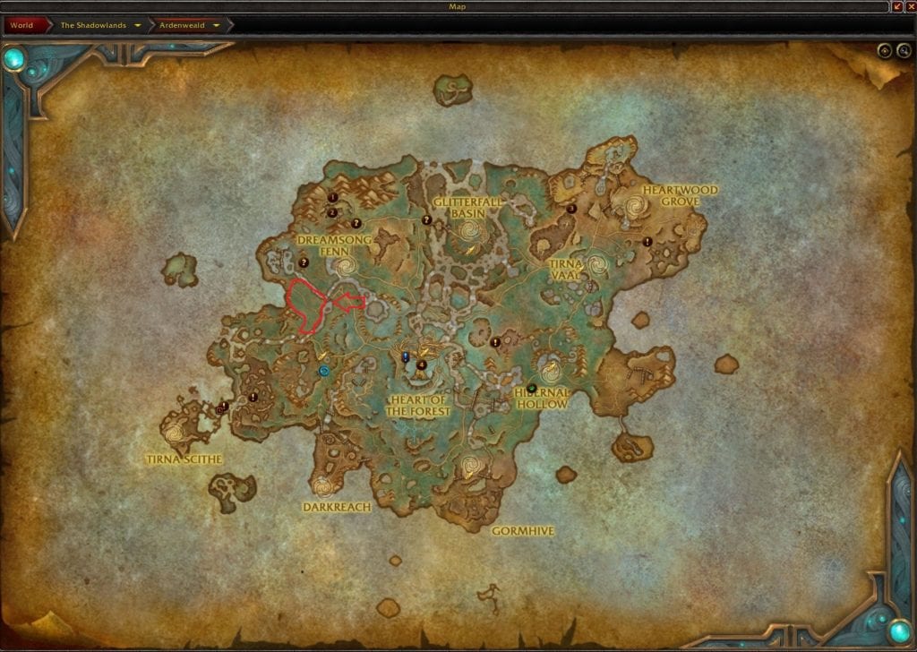 The Map Location of The Glimmerfur Denwatchers in Ardenweald Wow Gold Farming Spot in WoW Shadowlands