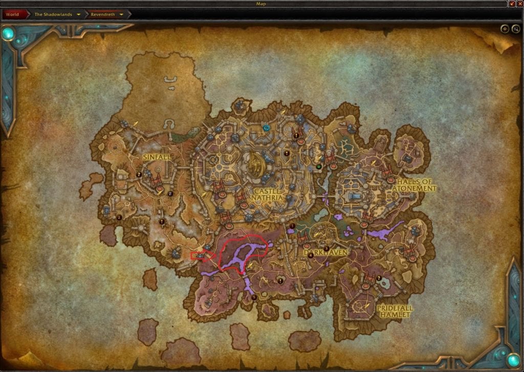 The Map Location of Wanecrypt Hill in Revendreth Gold-Farming Spot in WoW Shadowlands