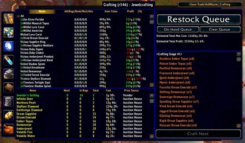 The TradeSkillMaster Addon for WoW Gold Farming - Utilizing the Jewelecrafting Professions for More Gold