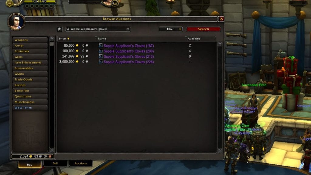 The WoW Item [Supple Supplicant's Gloves] prices shown on the Auction House. All versions.