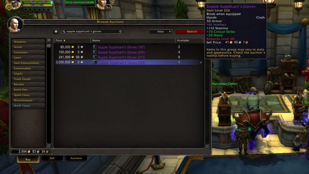 The WoW Item [Supple Supplicant's Gloves] prices shown on the Auction House. Mythic version.