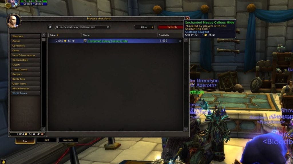 Live Price of the Item Enchanted Heavy Callous Hide Shown on the Auction House