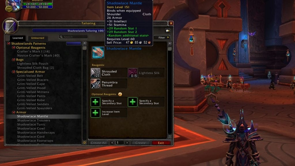 The Recipe Shadowlace Mantle in WoW Shadowlands Needed for Leveling Up Tailoring.