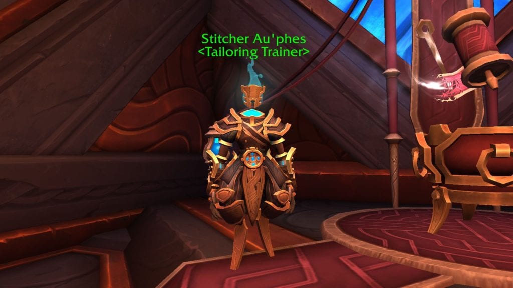 The Tailoring Trainer Found in Oribos, Needed for Making Gold in WoW Shadowlands with Tailoring.