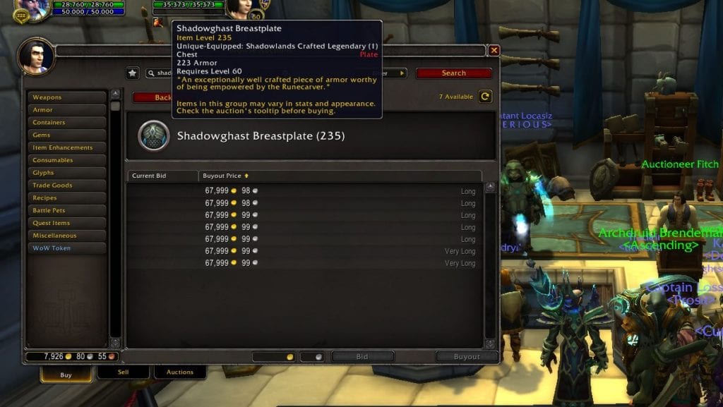 Live Price of the Item Shadowghast Breastplate Shown on the Auction House