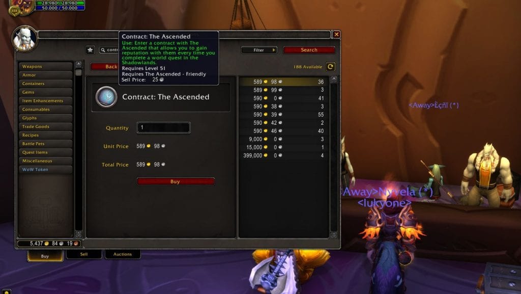 Live Price of the Item Contract: The Ascended Shown on the Auction House