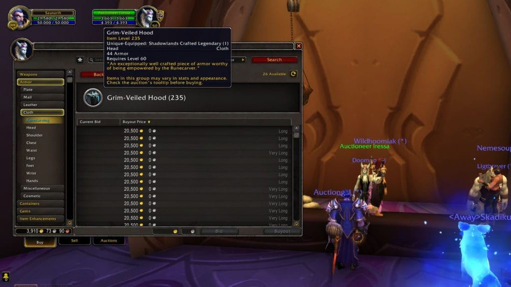 Live Price of the Grim-Veiled Hood base item shown on the Auction House, needed for crafting WoW Shadowlands Legendaries