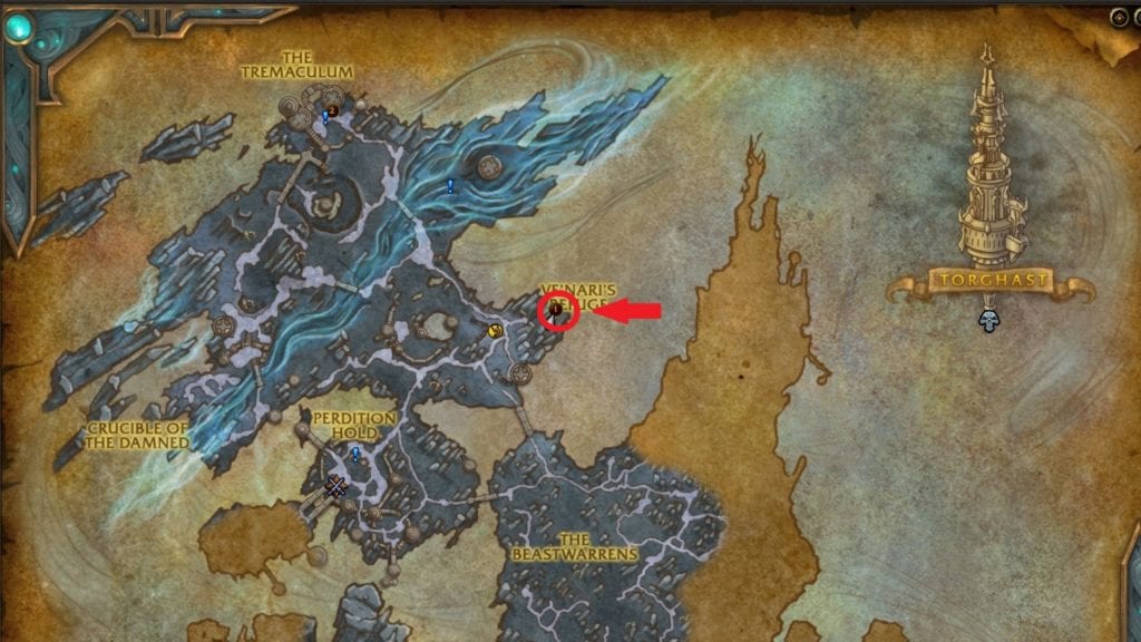 The portal entrance to Torghast shown on map