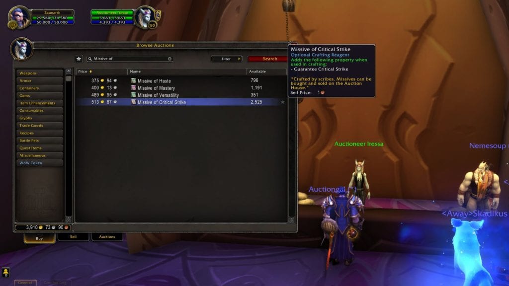 Live Price of the Missives shown on the Auction House, needed for crafting WoW Shadowlands Legendaries