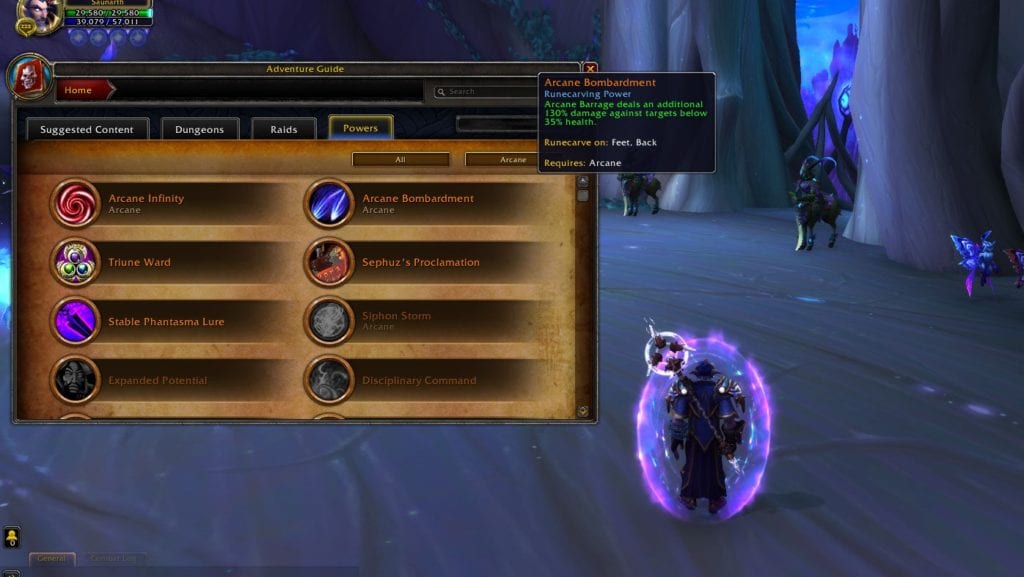 WoW Shadowlands Mage Legendaries - Arcane Bombardment shown in game.