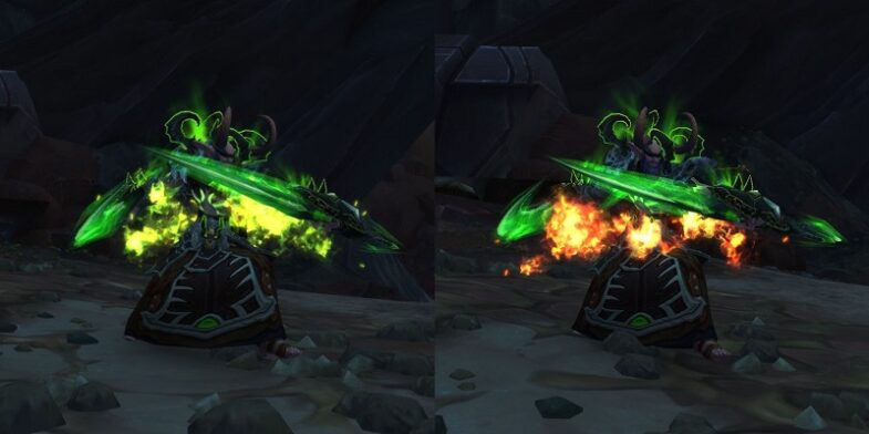 WoW Demon Hunter Glyphs - Glyph of Crackling Flames Before and After in-game.